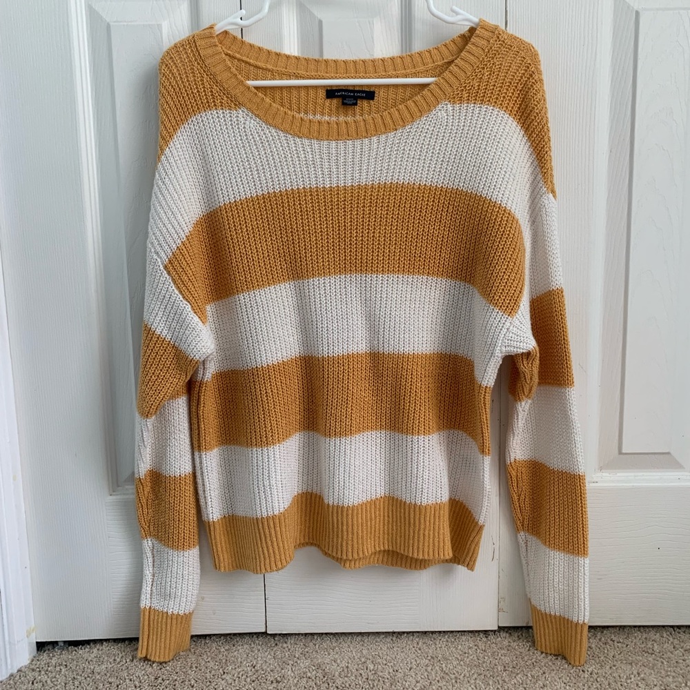 Yellow and White Striped American Eagle Sweater